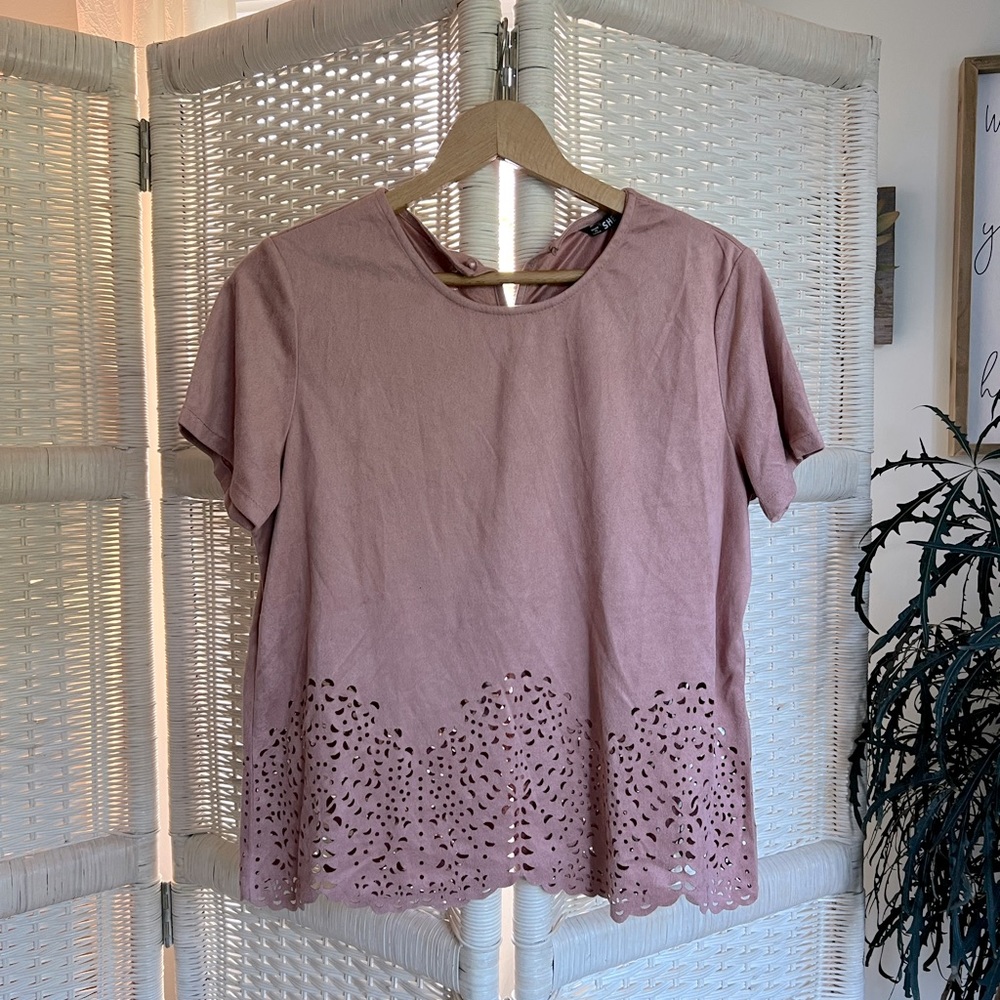 Microsuede blush top, laser cut detail at bottom.